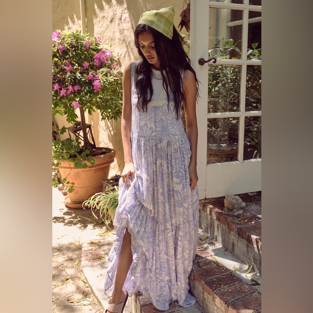 NWOT Free People Tiers For You Maxi Dress Floral Tiered Boho Slip Blue Small